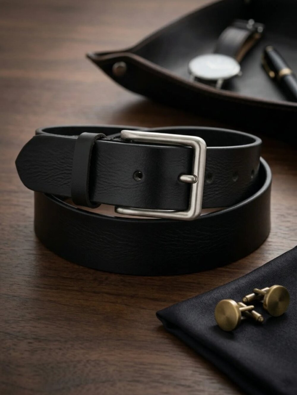 Men Genuine Leather Jeans Belt with Silver Antique Buckle, Black Men Belt